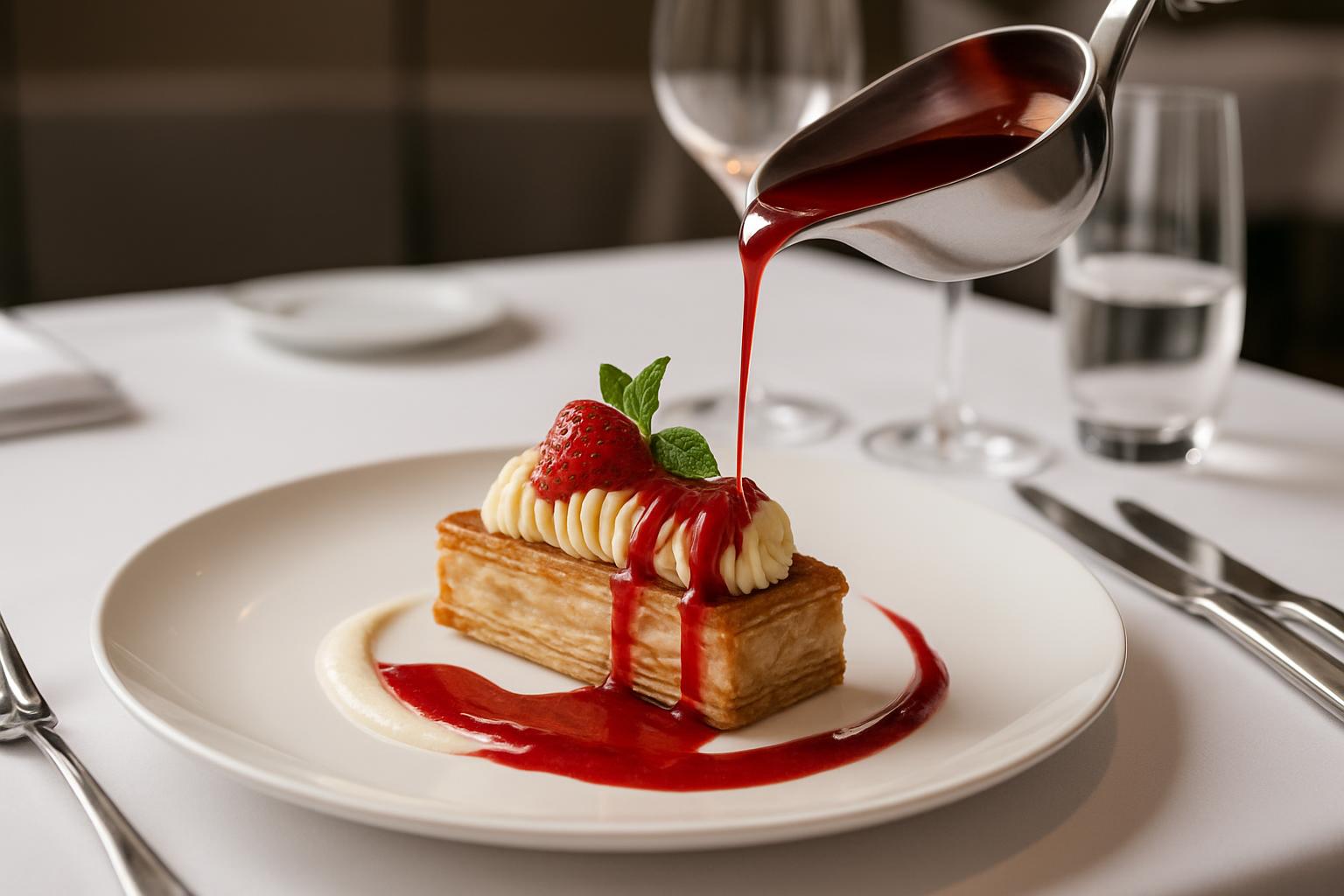 The strawberry millefeuille dessert is being served with a rich, glossy red sauce drizzled over the top. A delicate, short...