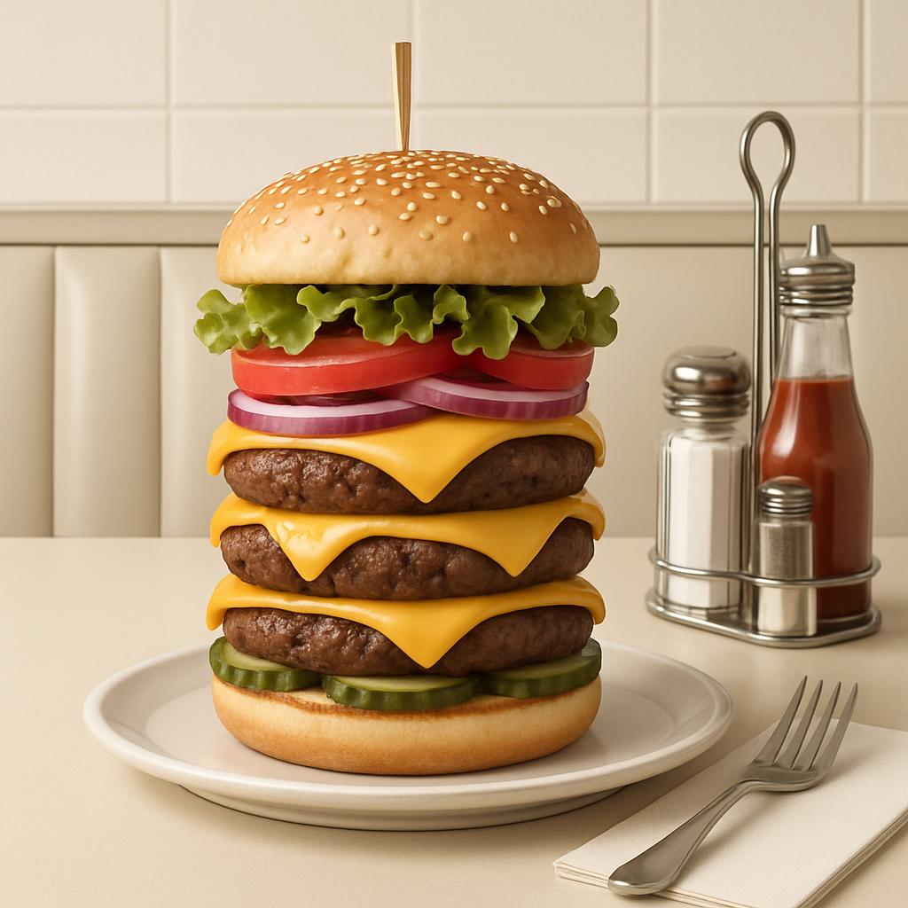 A large, multi-tiered burger on a plate with lettuce, cheese, tomato, and pickles, awaiting assembly.