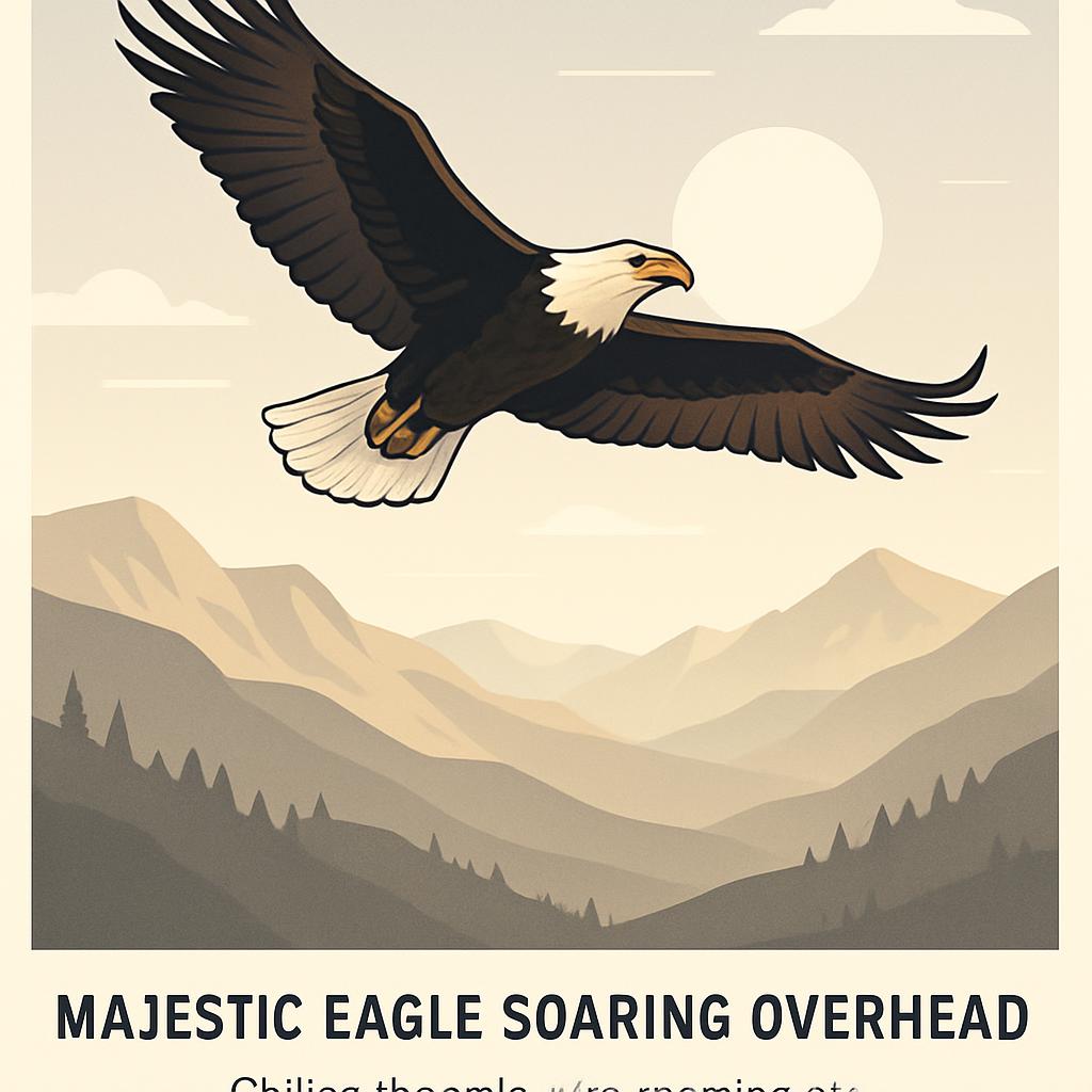 A majestic bald eagle soaring overhead with mountains in the background.