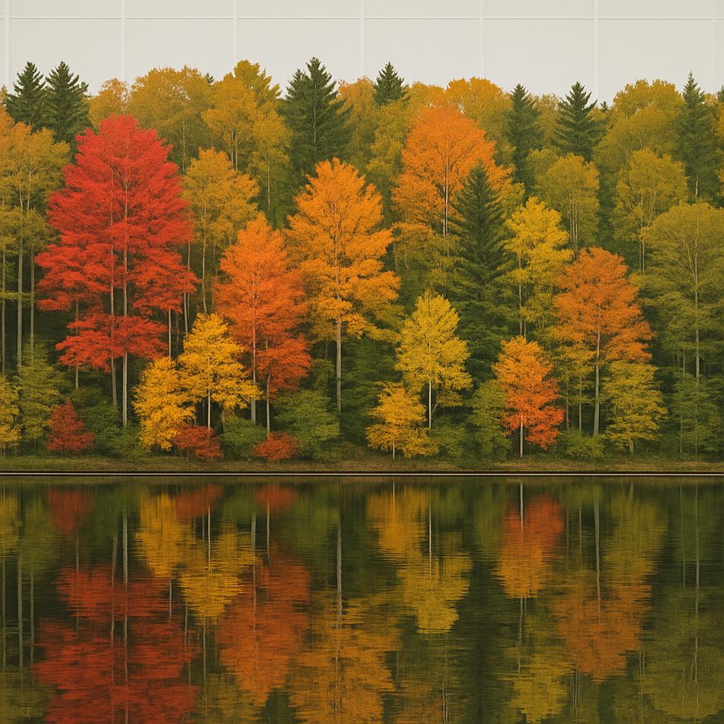 A large group of trees near a body of water are in full autumn color, all shades of green and yellow with bright red and o...