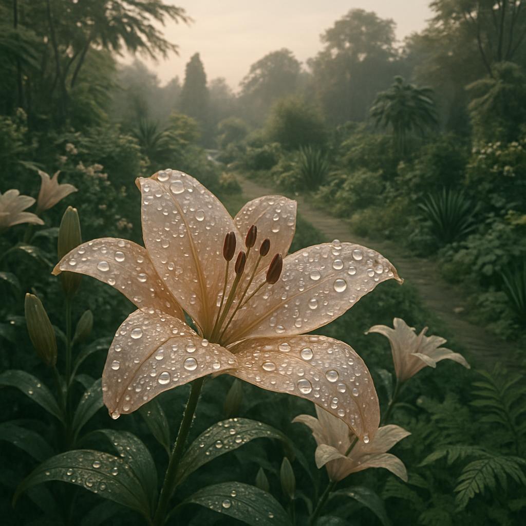 A large, white flower with water droplets, set amidst greenery in a foggy garden. Long, narrow petals and a central stem o...