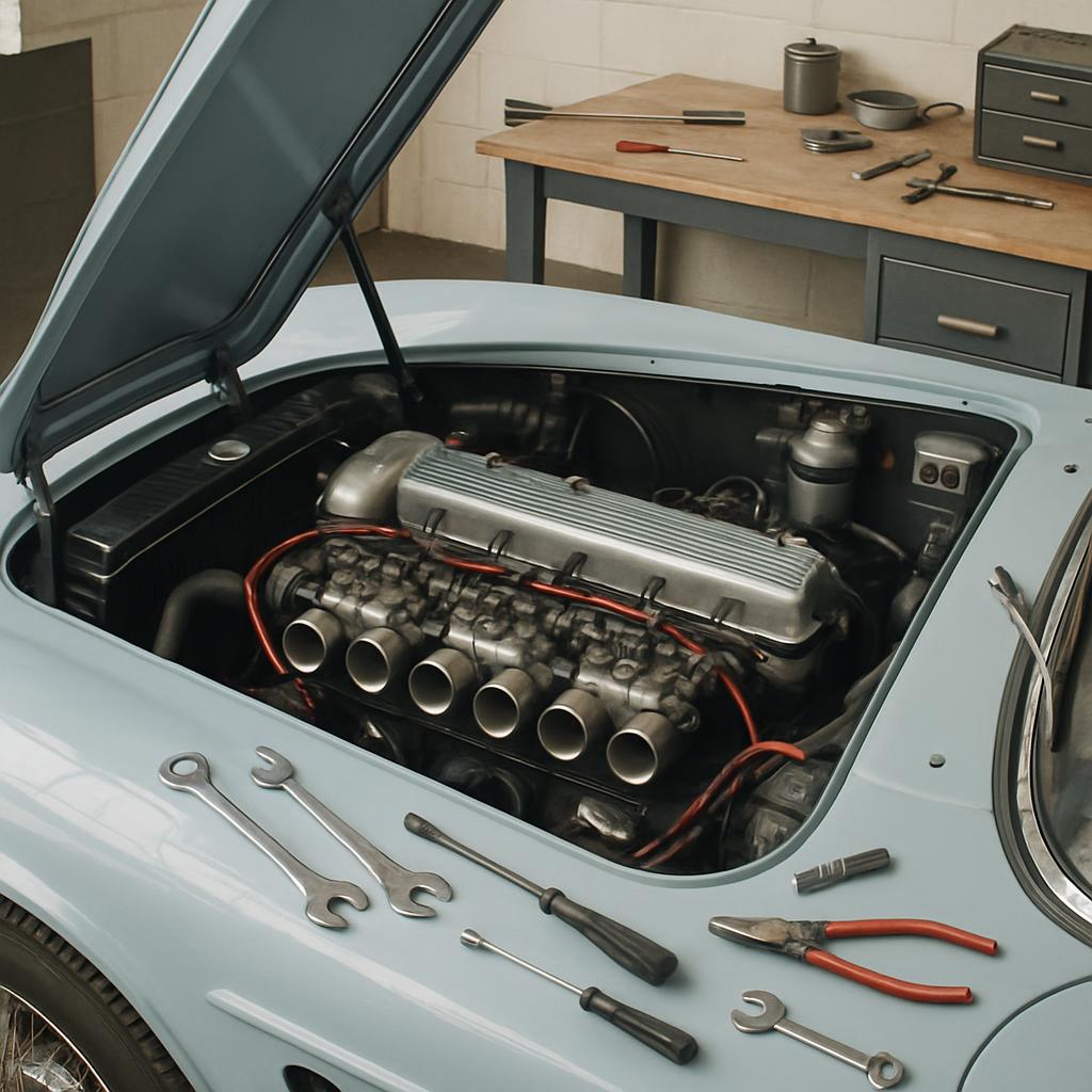Dirty car with tools around it.
