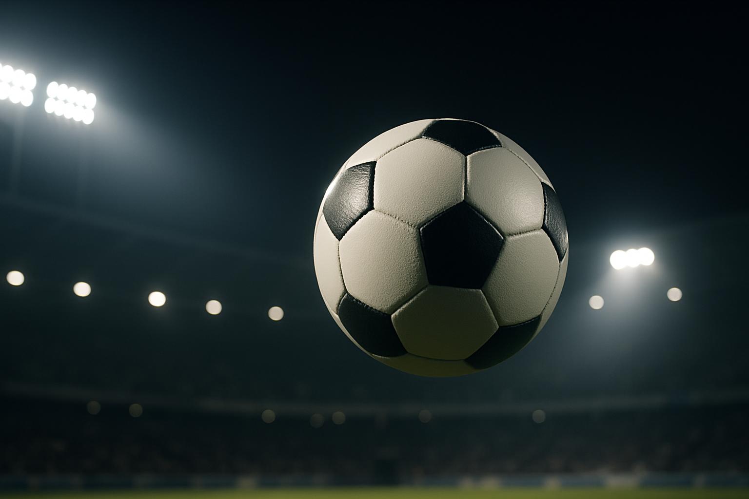 Close-up of a soccer ball angled toward the camera with a field and stadium lights in the background, suggesting the ball ...